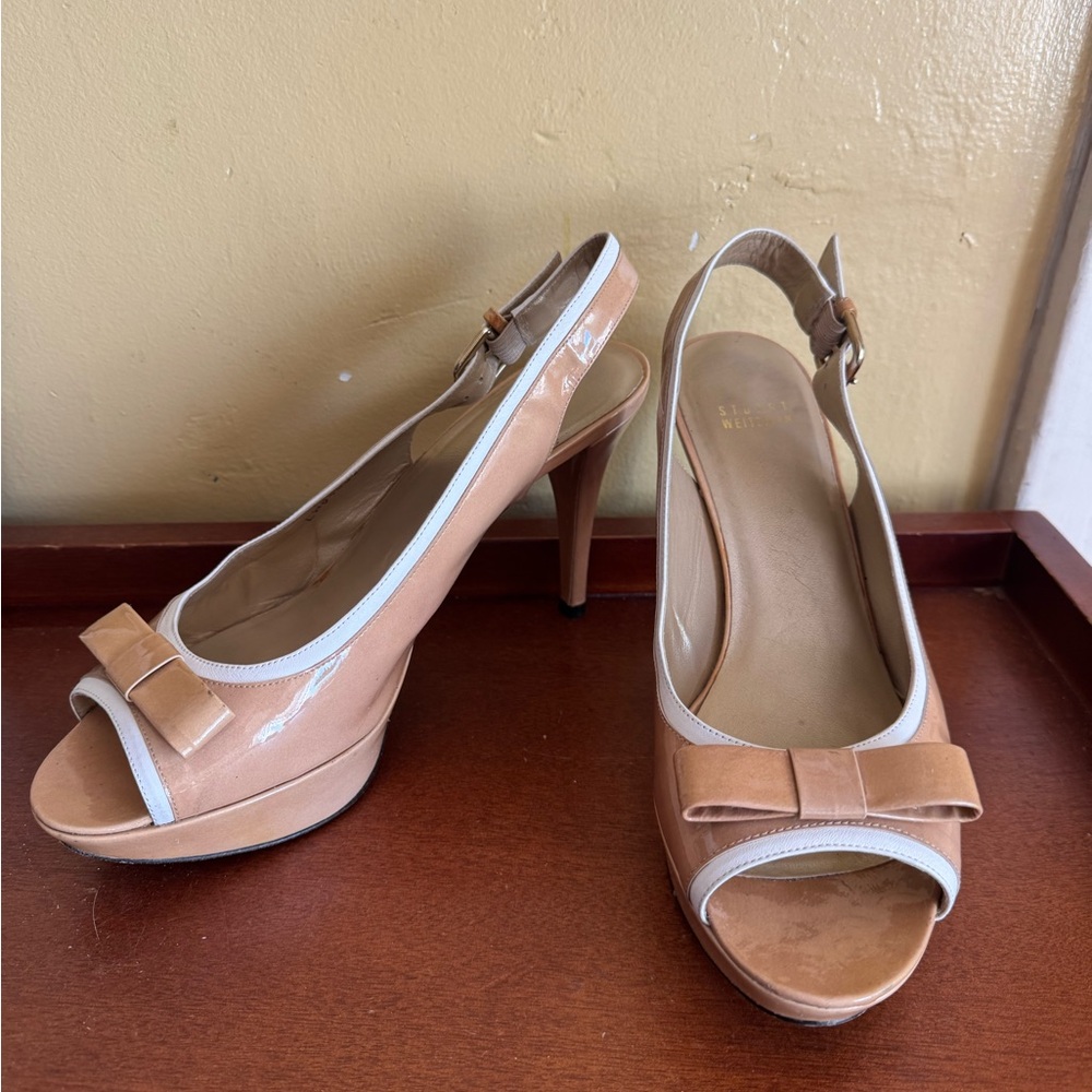 Stuart Weitzman Tan and White Sling-back  Peep Toe Heels with bow detail